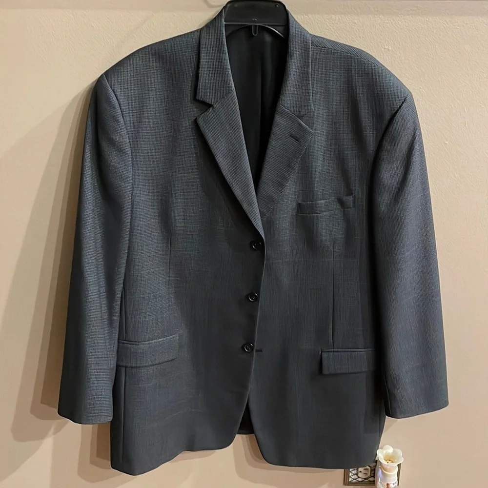 Andrew Frezza men’s Grey Blue small check blazer jacket career 100% wool 46R - Picture 1 of 15